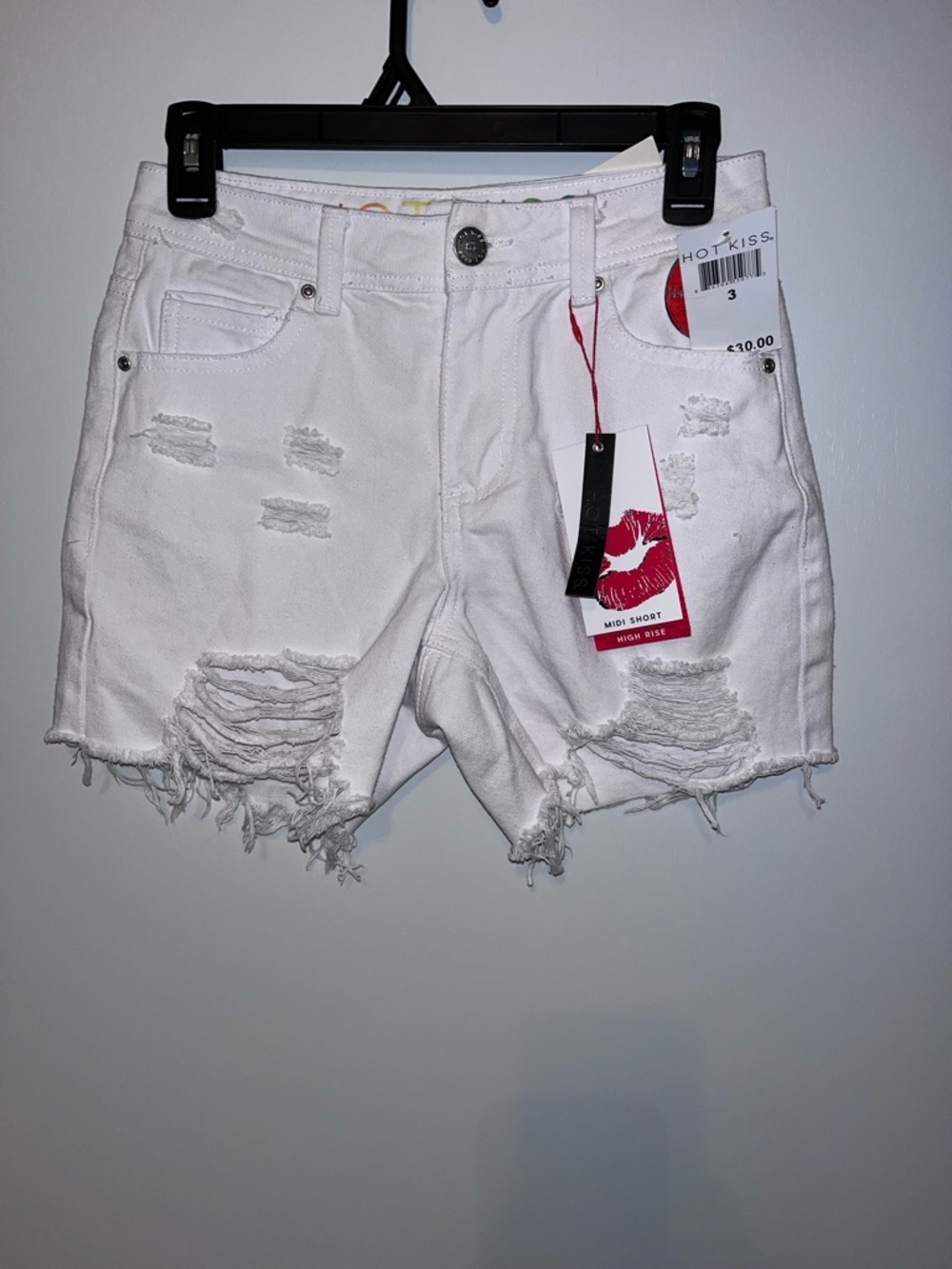 Hot Kiss White Distressed Denim Shorts with Rainbow Logo